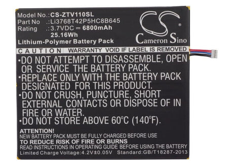 3.7V, Li-Polymer, 6800mAh, Tablet battery fits Zte, Li3768t42p5hc8b645, V11, V11a, 25.16Wh Tablet Cameron Sino Technology Limited
