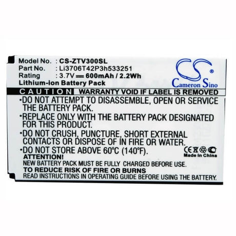 3.7V, Li-ion, 600mAh, SmartPhone battery fits Zte, Li3706t42p3h533251, V190, V260, 2.22Wh Mobile, SmartPhone Cameron Sino Technology Limited (Smartphone)