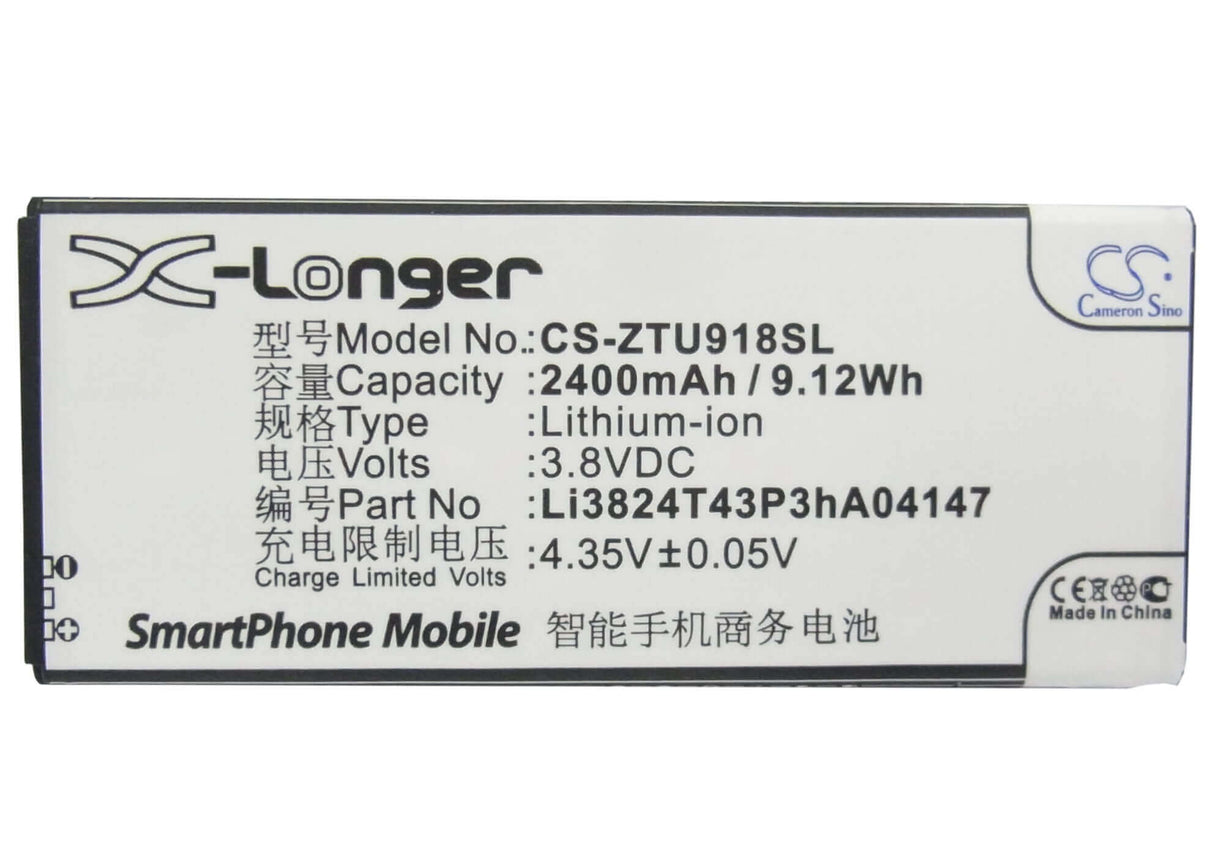 3.8V, Li-ion, 2400mAh, SmartPhone battery fits Zte, Li3821t43p3ha04147, Blade L3 Plus, N9180, 9.12Wh Mobile, SmartPhone Cameron Sino Technology Limited (Smartphone)