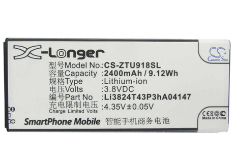 3.8V, Li-ion, 2400mAh, SmartPhone battery fits Zte, Li3821t43p3ha04147, Blade L3 Plus, N9180, 9.12Wh Mobile, SmartPhone Cameron Sino Technology Limited (Smartphone)