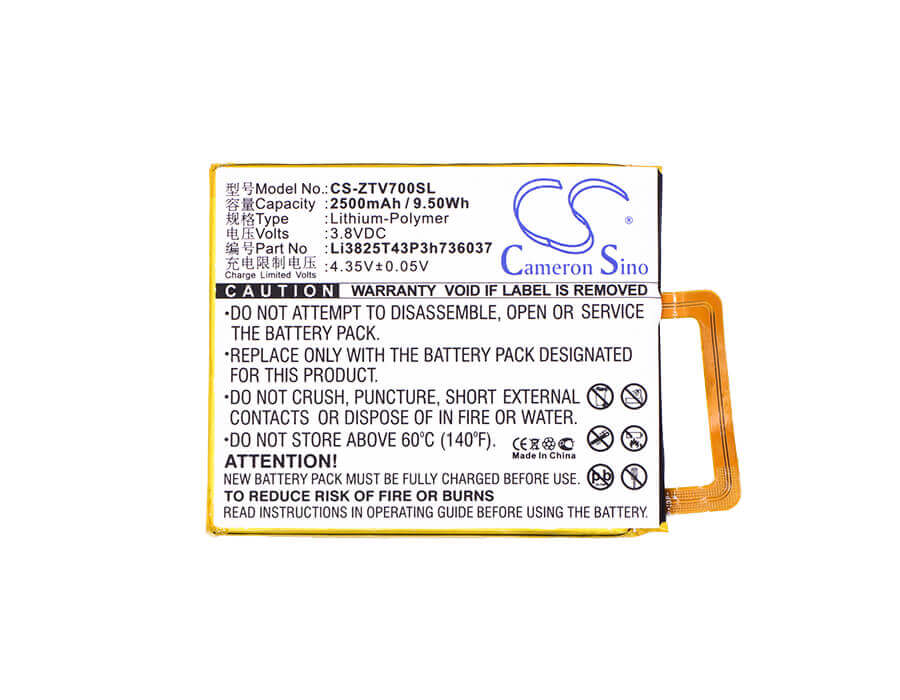 3.8V, Li-Polymer, 2500mAh, SmartPhone battery fits Zte, Li3825t43p3h736037, Blade A2, Blade V7, 9.5Wh Mobile, SmartPhone Cameron Sino Technology Limited (Smartphone)