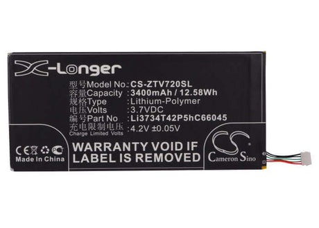 3.7V, Li-Polymer, 3400mAh, Tablet battery fits Zte, Li3734t42p5hc66045, V72, V72a, 12.58Wh Tablet Cameron Sino Technology Limited