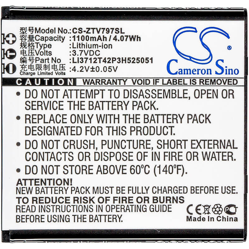3.7V, Li-ion, 1100mAh, SmartPhone battery fits Zte, Li3712t42p3h525051, V797, 4.07Wh Mobile, SmartPhone Cameron Sino Technology Limited (Suspended)