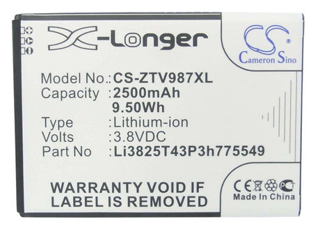 3.8V, Li-ion, 2500mAh, SmartPhone battery fits Amazing, Zte, Li3825t43p3h775549, A6, 9.5Wh Mobile, SmartPhone Cameron Sino Technology Limited (Smartphone)