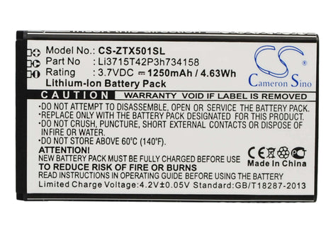 3.7V, Li-ion, 1250mAh, SmartPhone battery fits Zte, Li3715t42p3h734158, Score M, X500m, 4.63Wh Mobile, SmartPhone Cameron Sino Technology Limited (Smartphone)