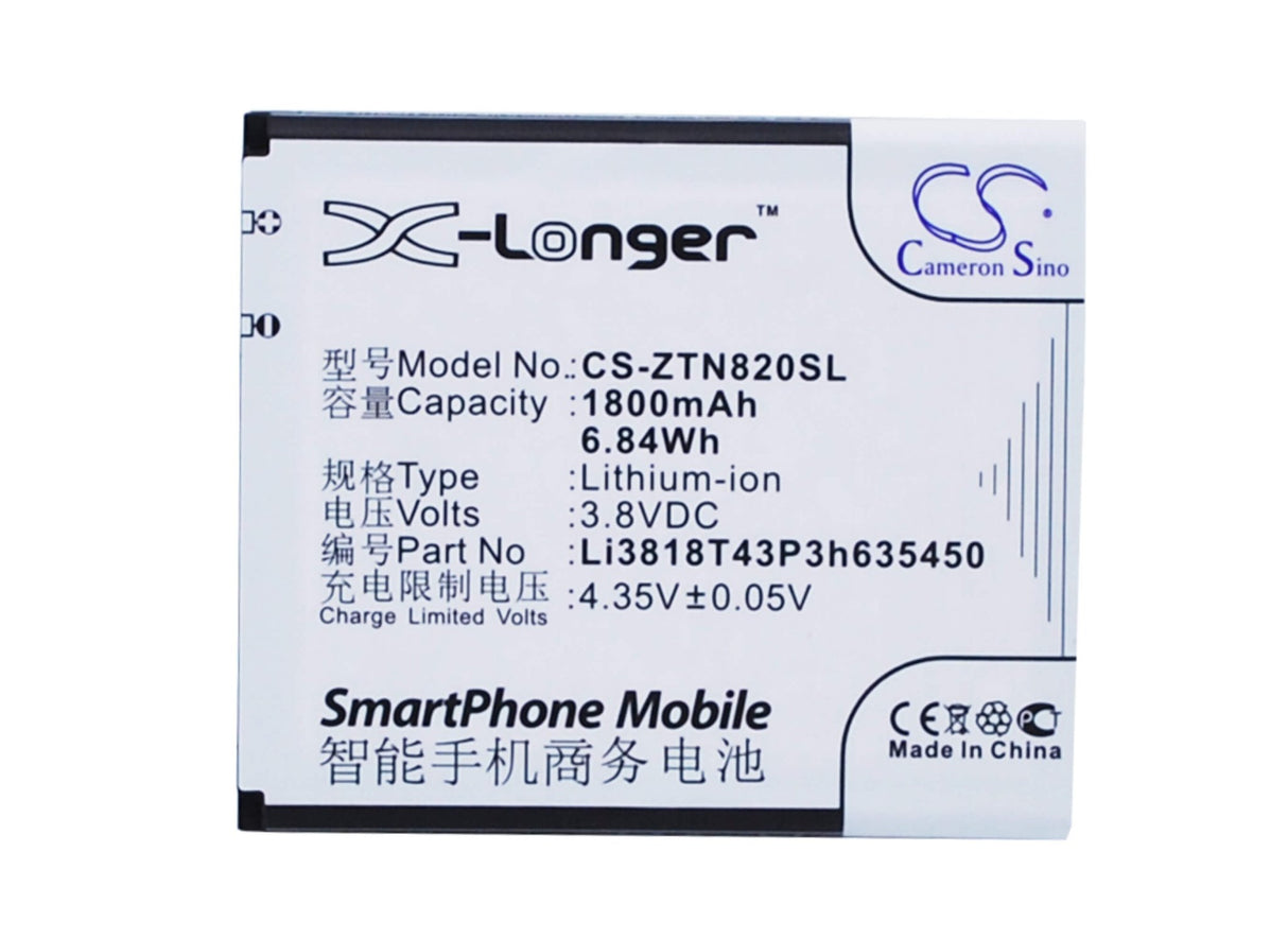 3.8V, Li-ion, 1800mAh, SmartPhone battery fits Zte, Li3818t43p3h635450, Obsidian, Z820, 6.84Wh Mobile, SmartPhone Cameron Sino Technology Limited (Smartphone)