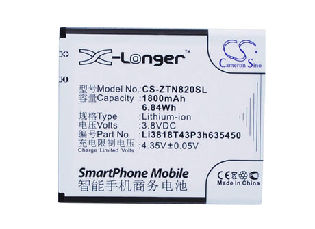 3.8V, Li-ion, 1800mAh, SmartPhone battery fits Zte, Li3818t43p3h635450, Obsidian, Z820, 6.84Wh Mobile, SmartPhone Cameron Sino Technology Limited (Smartphone)