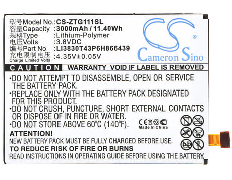 3.8V, Li-Polymer, 3000mAh, SmartPhone battery fits Zte, Li3830t43p6h866439, G111, N9518, 11.4Wh Mobile, SmartPhone Cameron Sino Technology Limited (Smartphone)