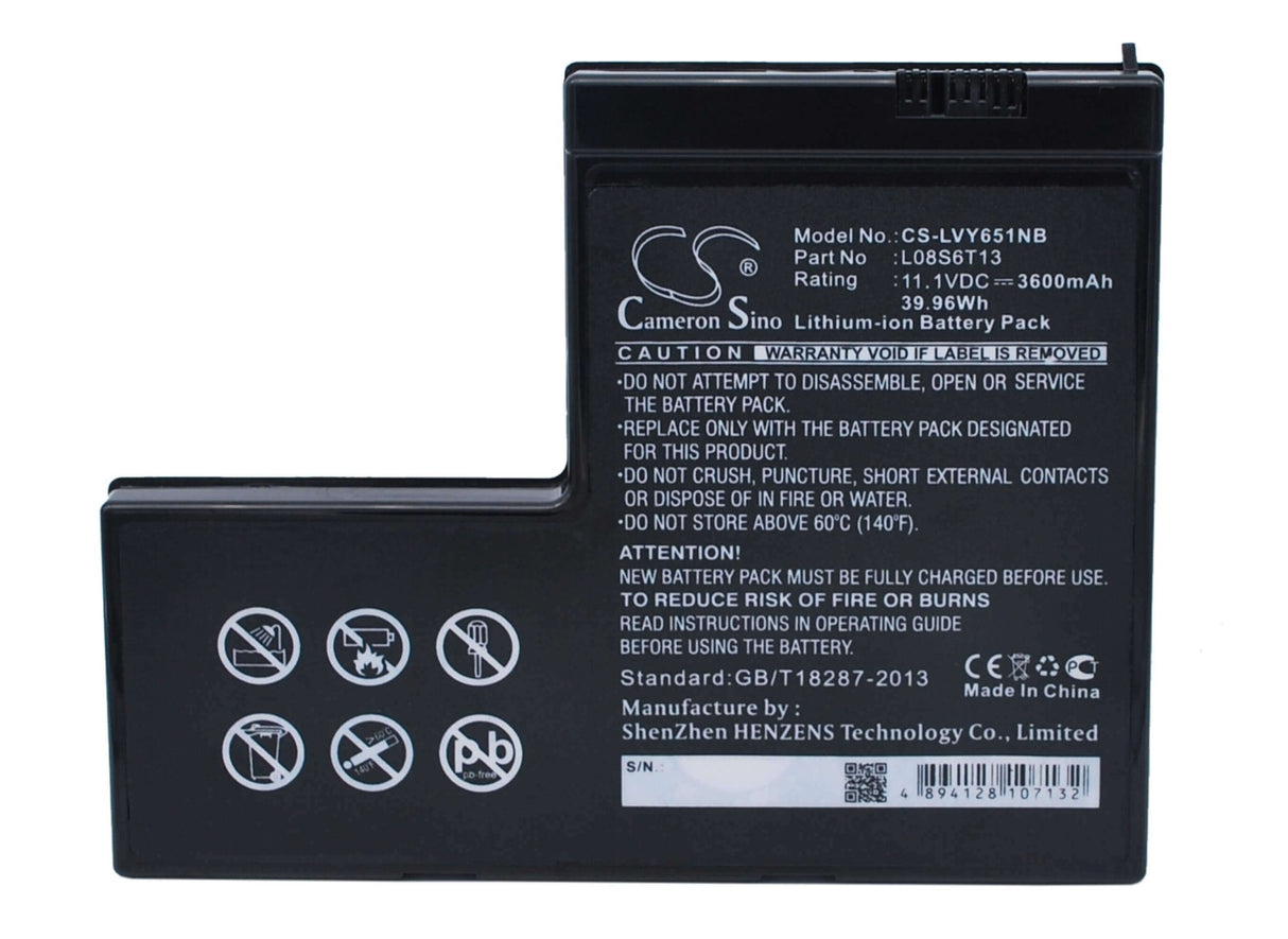 Black Battery For Lenovo Ideapad Y650, Ideapad Y650 4185, Ideapad Y650a 11.1v, 3600mah - 39.96wh Notebook, Laptop Cameron Sino Technology Limited   