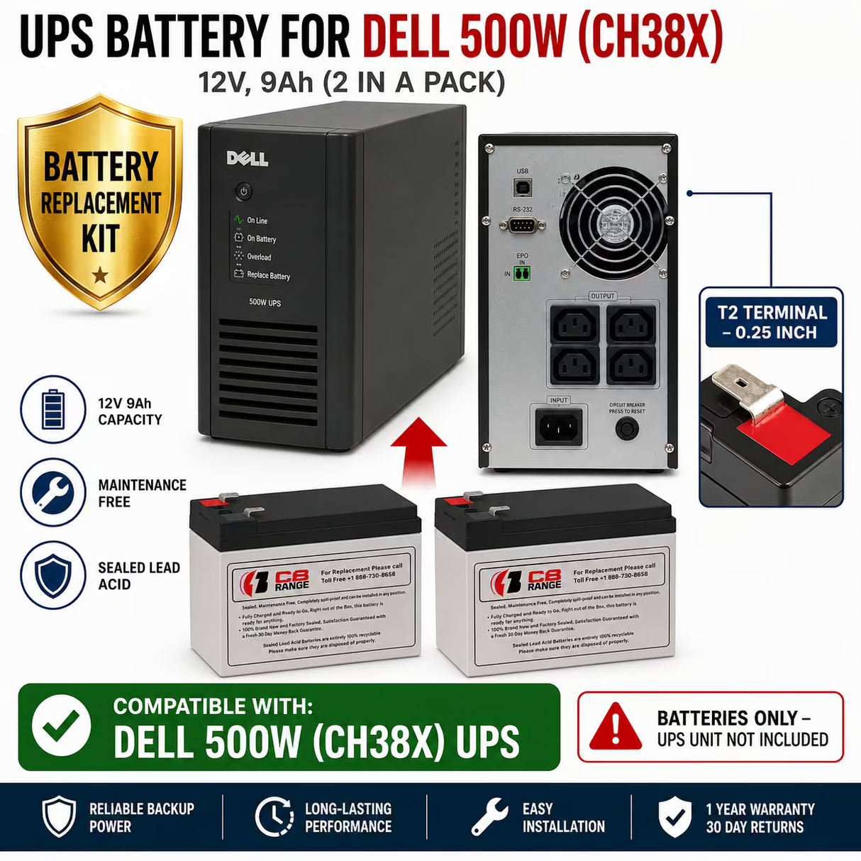 Dell 500W CH38X UPS Battery Replacement 12V 9Ah 2 Pack UPS Batteries CB Range