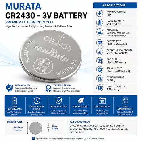 Murata CR2430 3V Lithium Coin Cell Battery 290mAh Coin Cell Batteries Canadianbatteries.com