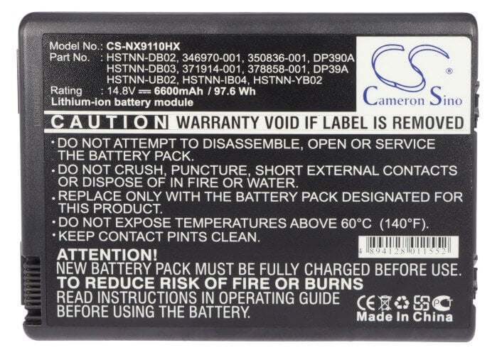 14.8V, Li-ion, 6600mAh, Notebook, Laptop battery fits Compaq, Hp, 346970-001, Business Notebook Nx9100, Business Notebook Nx9100-pb705, 97.68Wh Notebook, Laptop Cameron Sino Technology Limited
