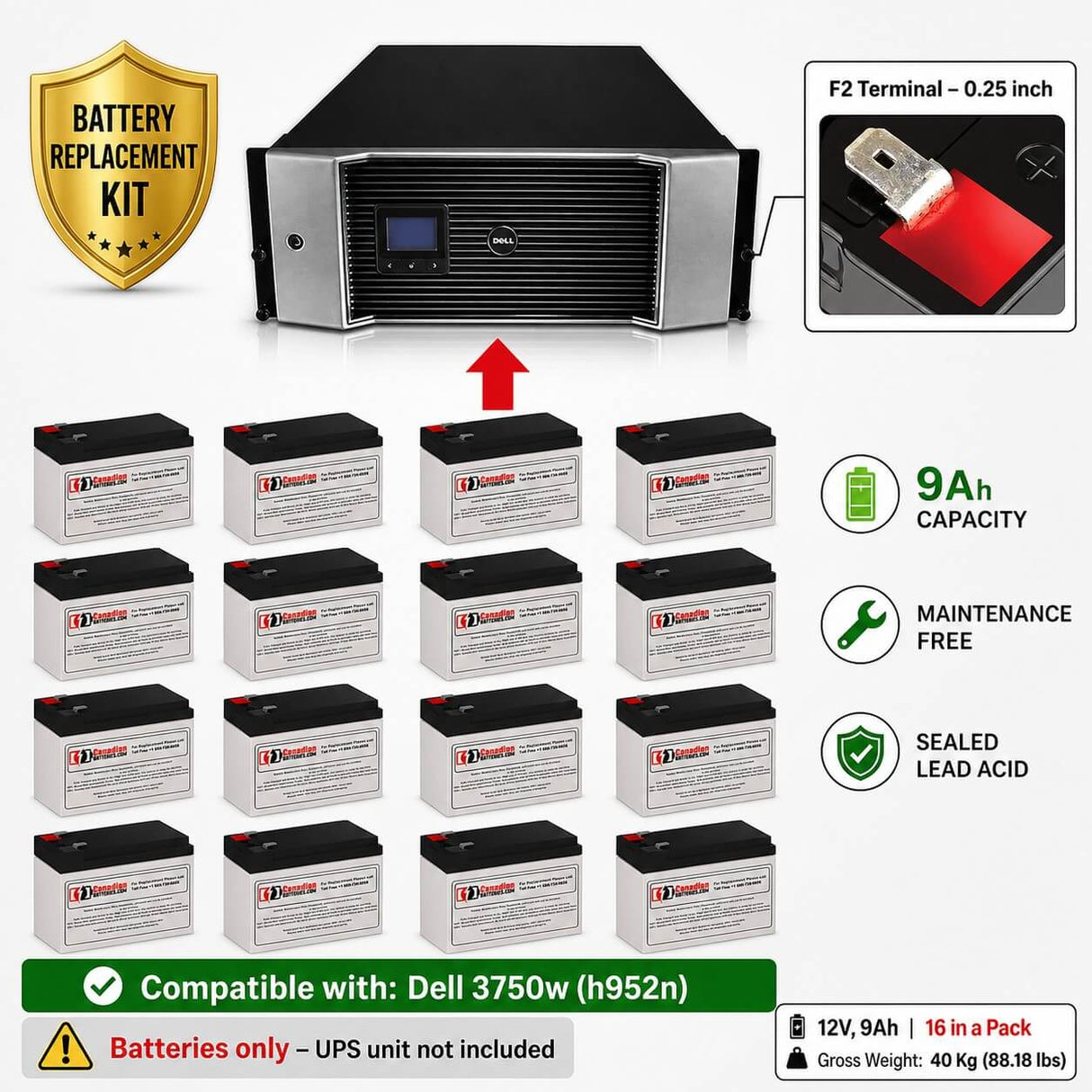 Batteries For Dell 3750w (h952n) UPS, 16 X 12v, 9ah - 108wh UPS Batteries CB Range