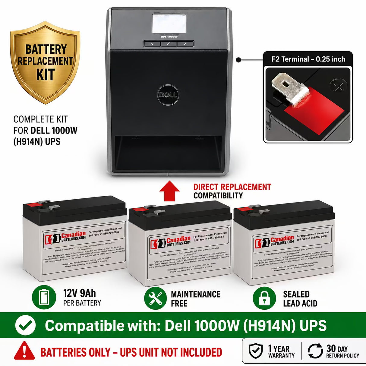 Dell 1000W H914N UPS Replacement Battery 12V 9Ah 3 Pack UPS Batteries CB Range