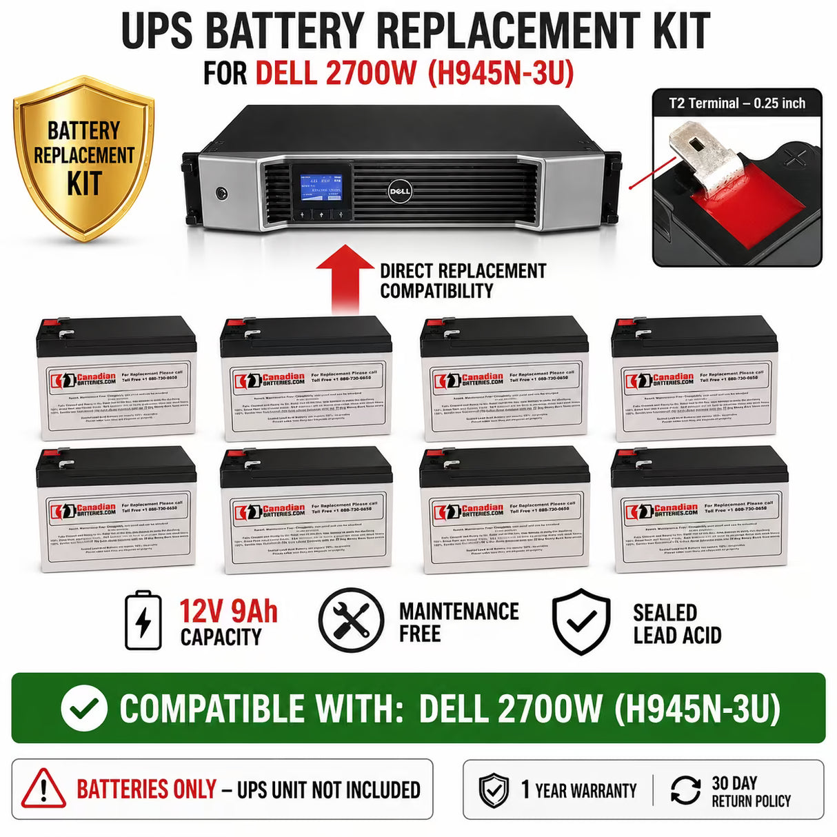 Dell 2700W H945N-3U UPS Replacement Battery Kit 12V 9Ah 8 Pack UPS Batteries CB Range