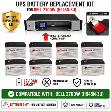 Dell 2700W H945N-3U UPS Replacement Battery Kit 12V 9Ah 8 Pack UPS Batteries CB Range