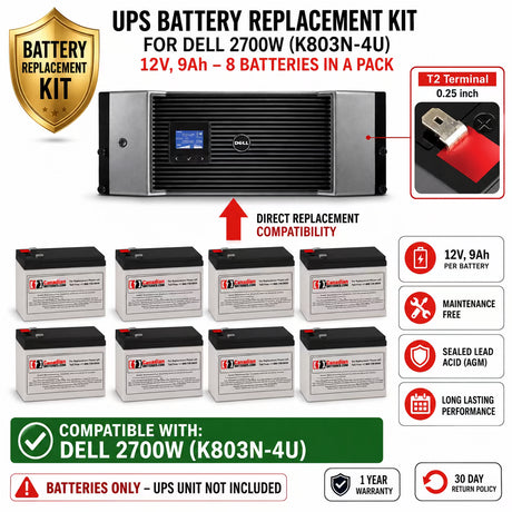 Dell 2700W K803N-4U UPS Replacement Battery Kit 12V 9Ah 8 Pack UPS Batteries CB Range