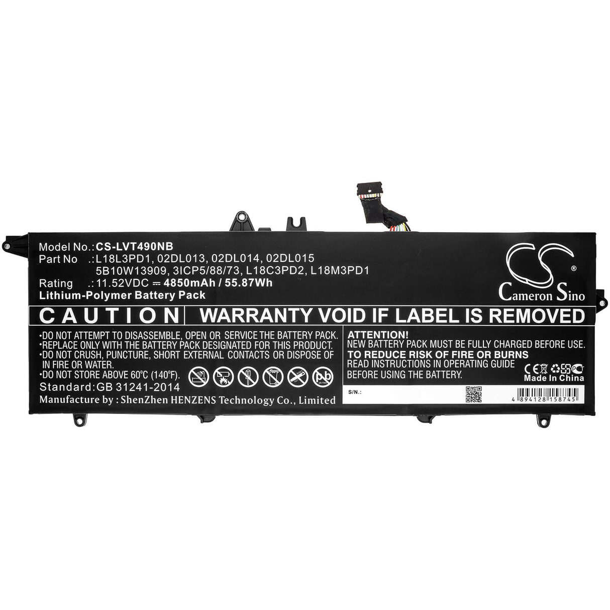 Notebook Battery For Lenovo, T490s 20nx001fcd, Thinkpad T490s, Thinkpad T490s(20nx000rcd) 11.52v, 4850mah - 55.87wh Notebook, Laptop Cameron Sino Technology Limited