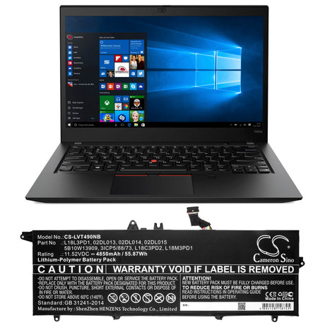 Notebook Battery For Lenovo, T490s 20nx001fcd, Thinkpad T490s, Thinkpad T490s(20nx000rcd) 11.52v, 4850mah - 55.87wh Notebook, Laptop Cameron Sino Technology Limited