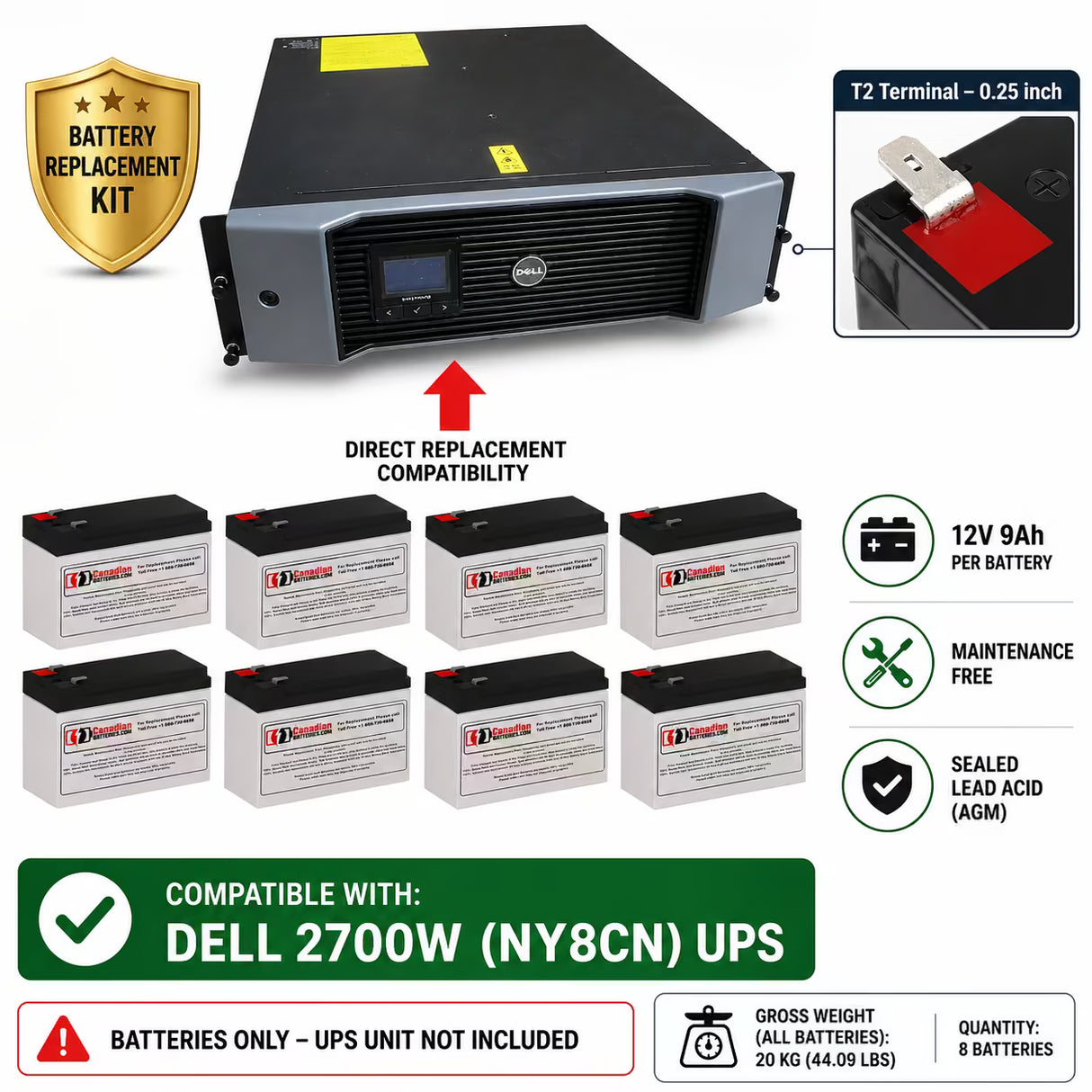 Dell 2700W NY8CN UPS Replacement Battery Kit 8 Pack 12V 9Ah AGM UPS Batteries CB Range