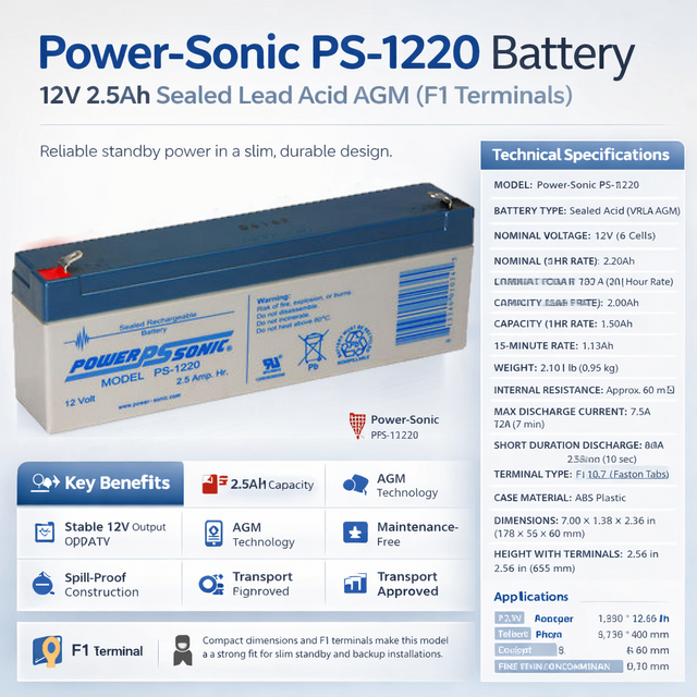 Original Powersonic Ps-1220, 12v, 2.5Ah F1 Terminals Sealed Lead Acid (Special) Powersonic