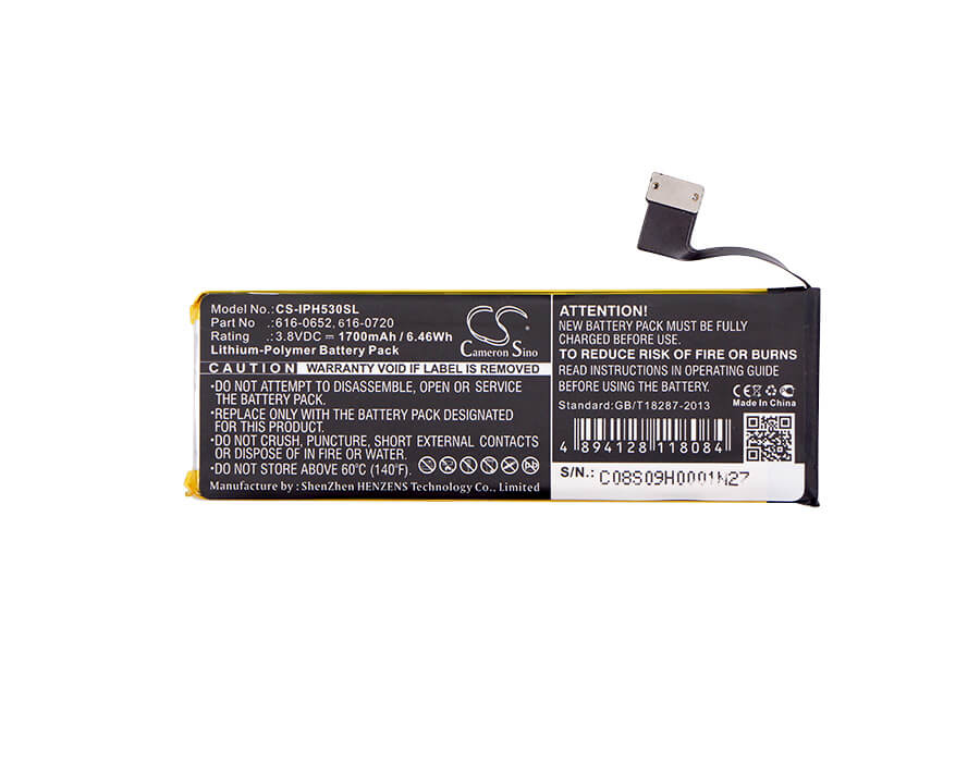 3.8V, Li-Polymer, 1700mAh, SmartPhone battery fits Apple, 616-0652, A1234, A1457, 6.46Wh Mobile, SmartPhone Cameron Sino Technology Limited (Smartphone)