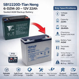 12V, 20Ah, replacement battery for Tian Neng 6-DZM-20 with F13 terminals Sealed Lead Acid Drivemotion